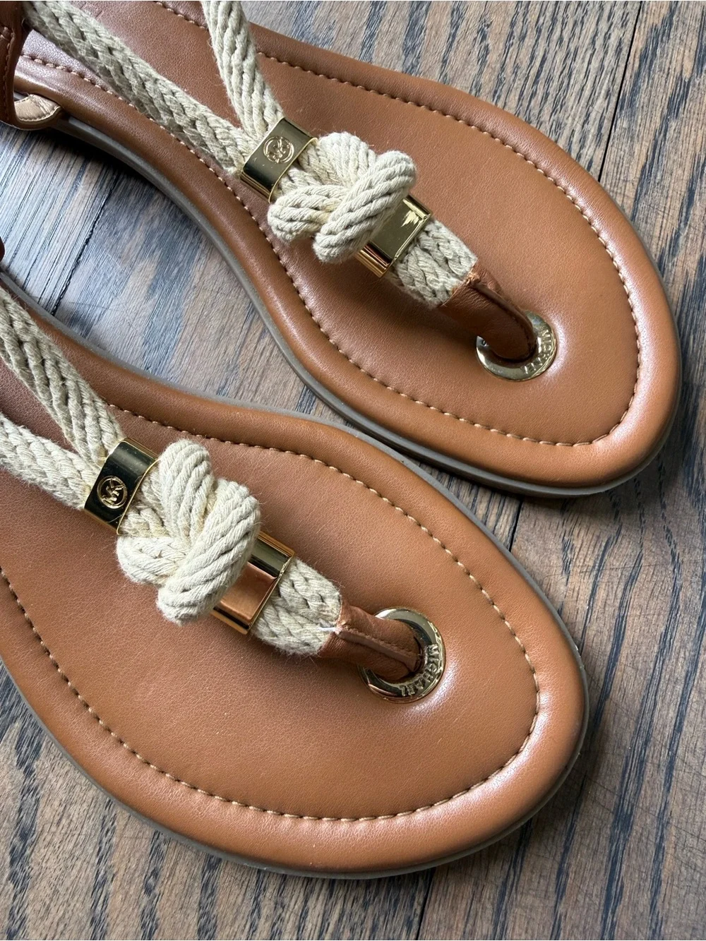 Michael Kors Tan and Beige Rope T-Strap Sandals size 6.5. Like new condition.
